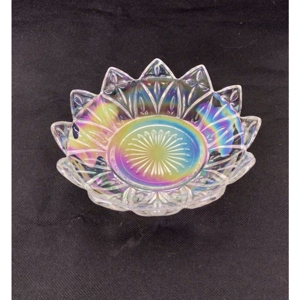 Vintage 50s Atomic Celestial Sunburst Iridescent Small Rainbow Glass Bowl 5.5"